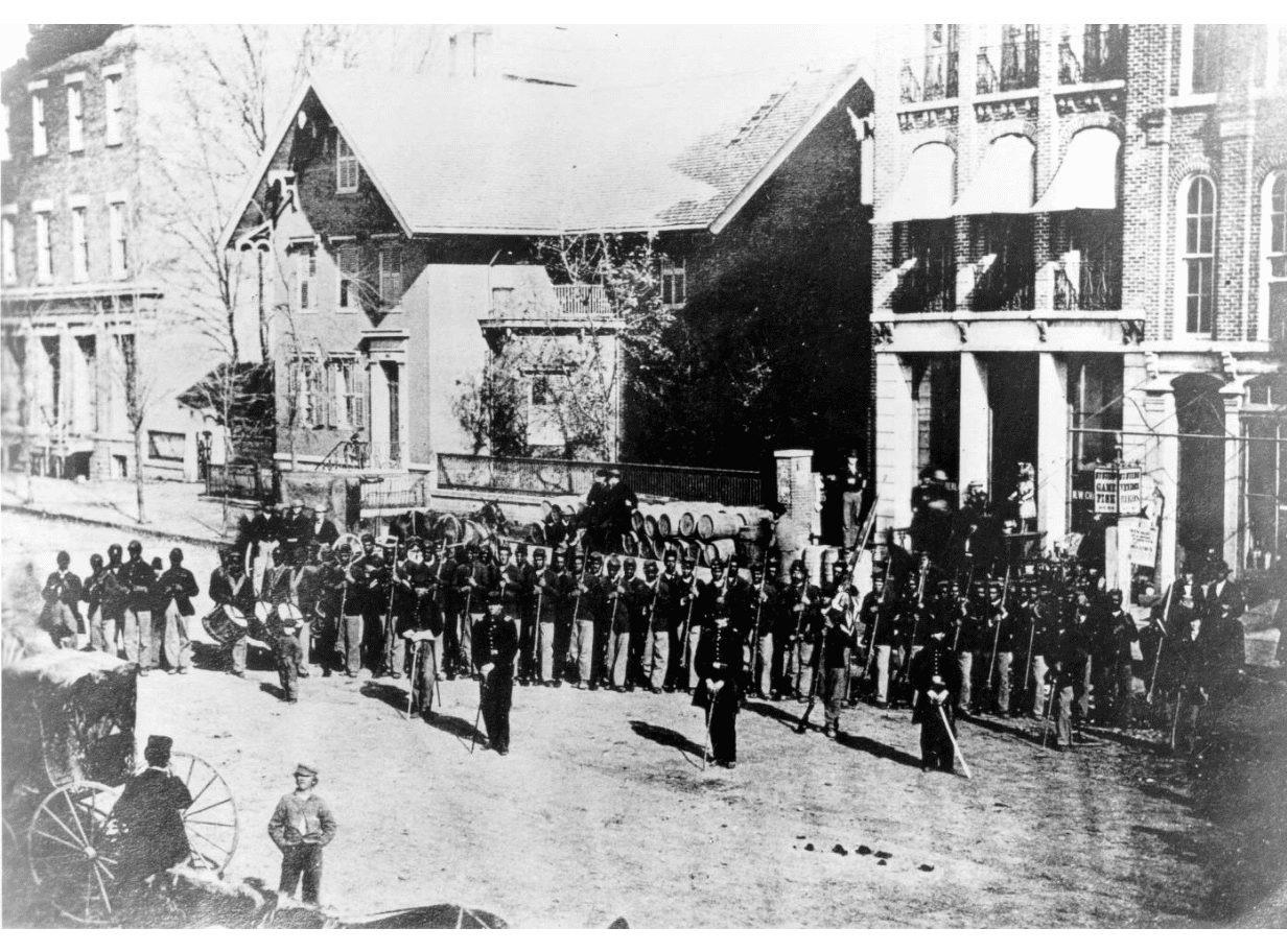 A photograph shows members of the 127th Ohio Volunteer Infantry, the first African American regiment recruited in Ohio during the Civil War.