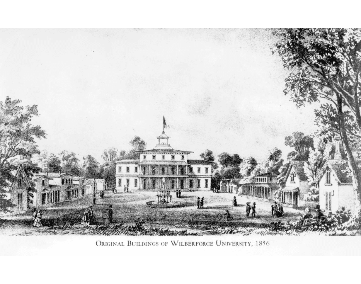 This is a photographic reproduction of a print illustrating the original buildings of Wilberforce University in Wilberforce, Ohio, as they appeared when the university was founded in 1856