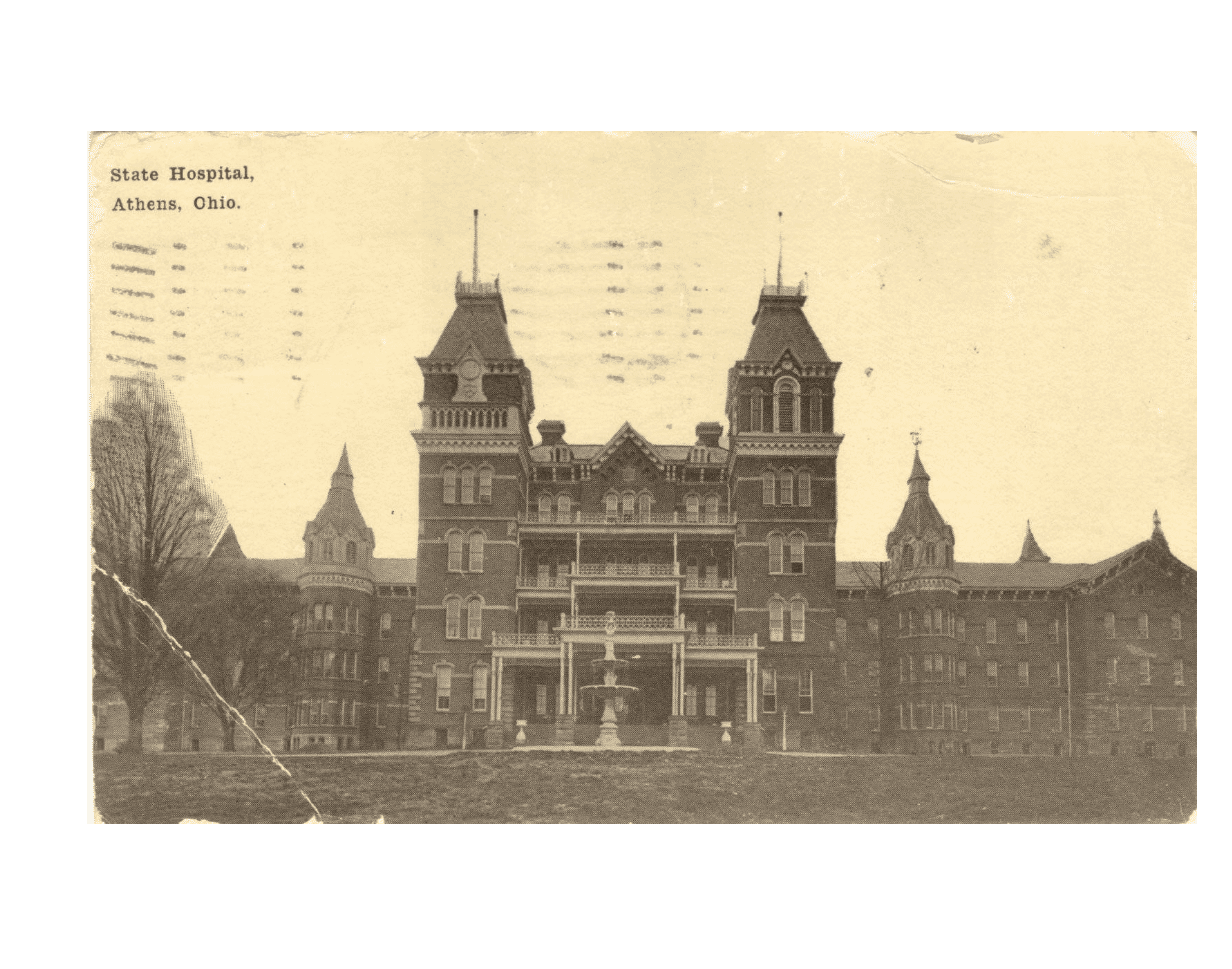 Photographic postcard showing the Main Administration building of the Athens Asylum, then known as the State Hospital, with the fountain in front