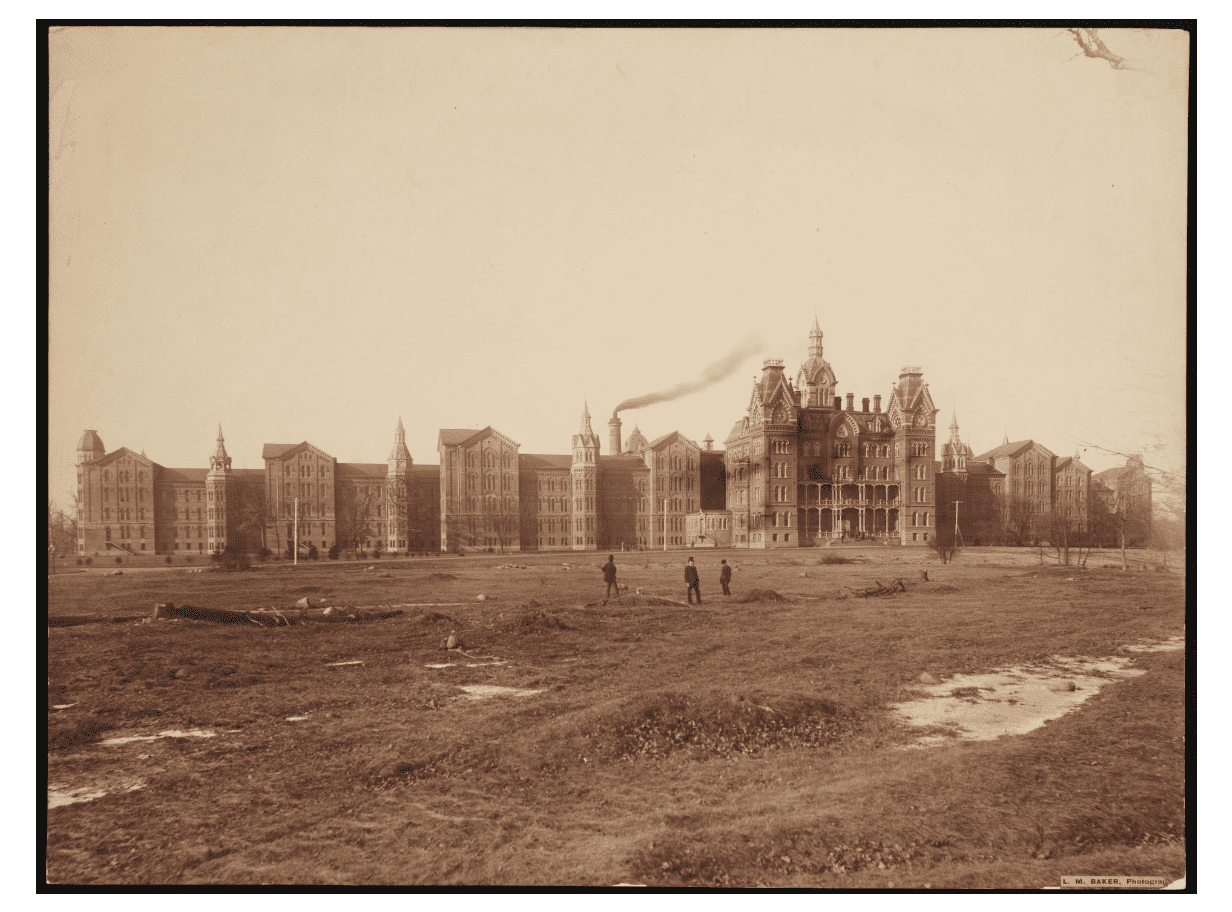 Black and white oversize photograph of the Columbus State Hospital for the Insane, located on West Broad Street in Columbus, Ohio, ca. 1877.