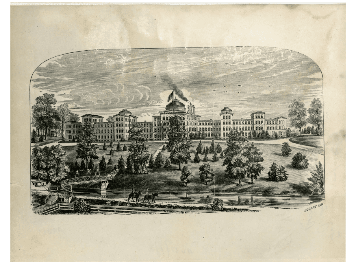 Print showing the buildings and grounds of Longview State Hospital, located in Cincinnati, Ohio.