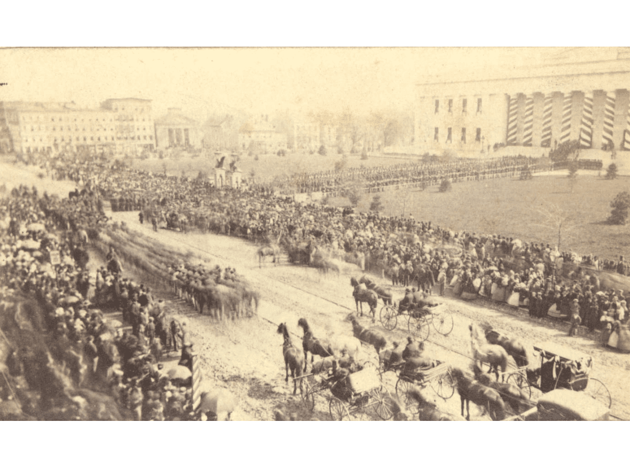 People waiting in line on the grounds of the Ohio Statehouse to pay their respects to President Abraham Lincoln, Columbus, Ohio, April 29, 1865