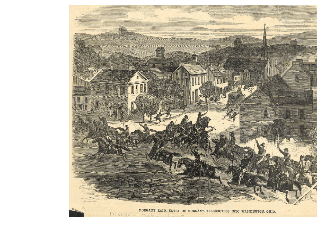 Illustration of the entry of Morgan's Raiders into Washington, Ohio