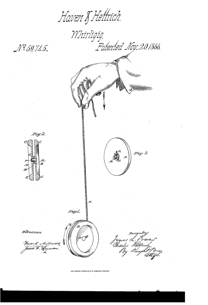 Patent drawing showing how to use a whirligig, later known as a yo-yo