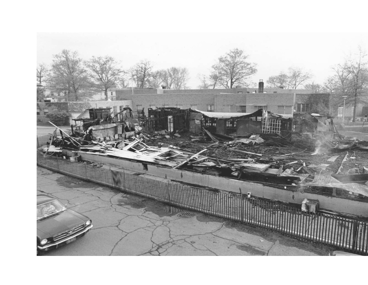 Photograph of the burned-out remains of the Kent State campus ROTC (Reserve Officers' Training Corps) building. May 1, 1970