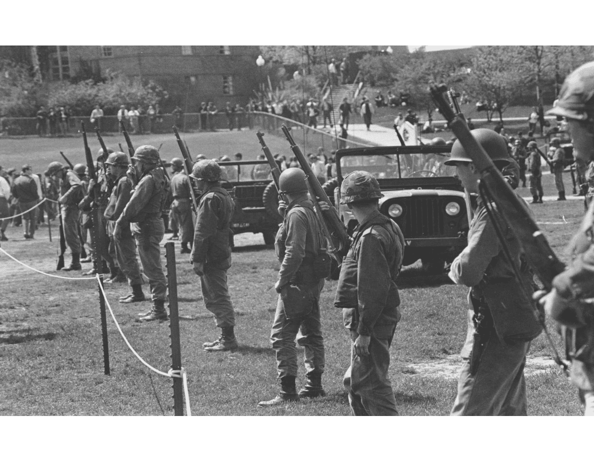 National Guard troops on the campus of Kent State. One of twenty photographs taken by the Kent State University News Service before, during, and after the May, 1970 shootings