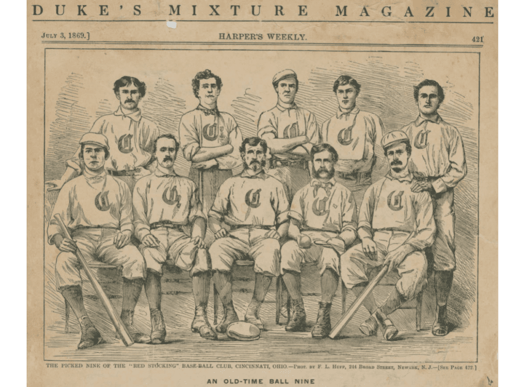 This illustration of the Cincinnati Red Stockings titled “An Old-Time Ball Nine” appeared in Harper’s Weekly in 1869.