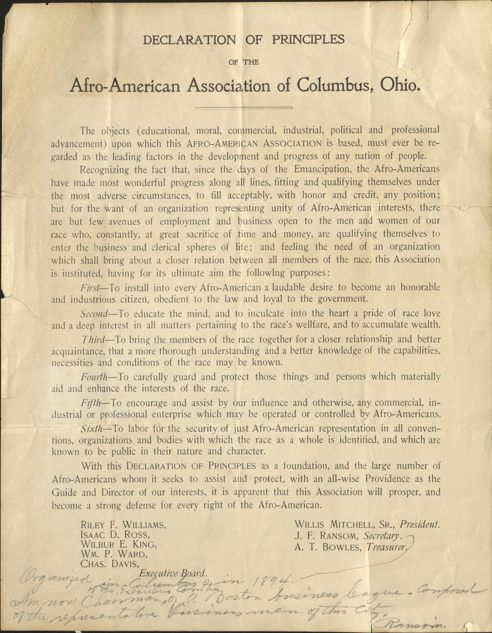 Declaration of Principles of the Afro-American Association of Columbus, Ohio