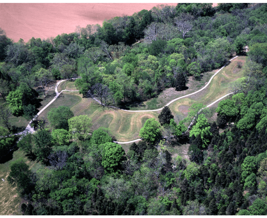 This is an aerial view of Serpent Mound in Adams County, Ohio.