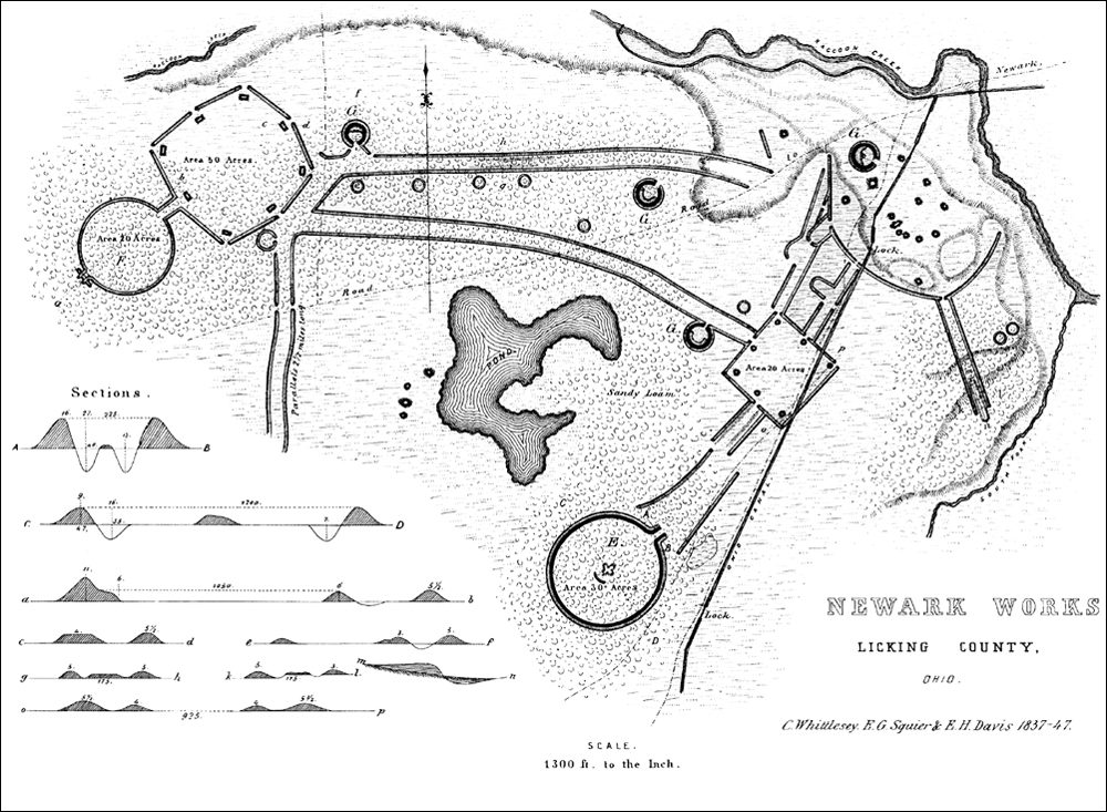 Squier and Davis 1848 map showing the full extent of the Newark Earthwork complex.