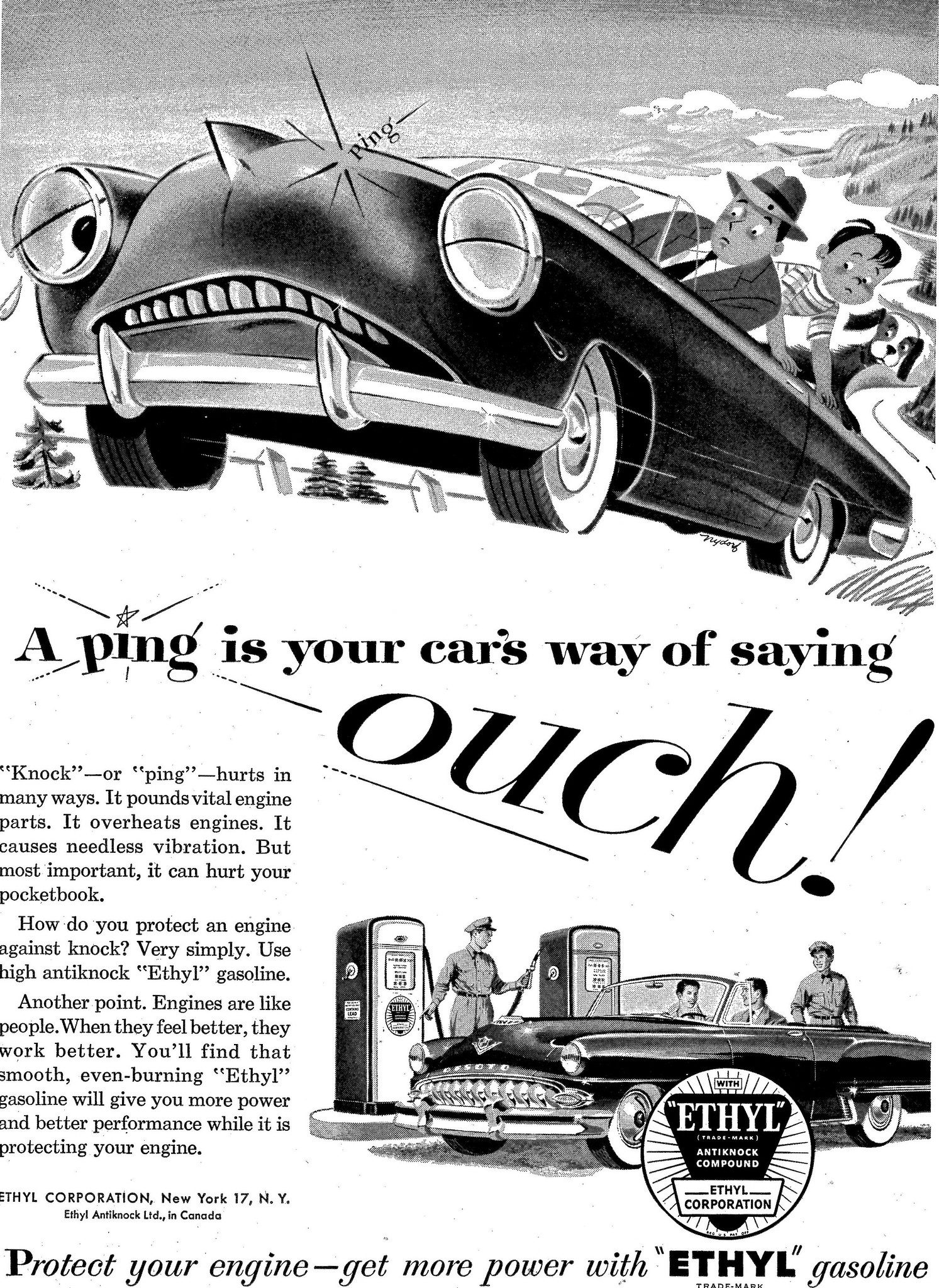 An illustrated ad for Ethyl that promised to stop engine knocking. Ad says "A ping is your car's way of saying "ouch!"