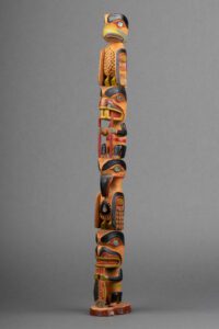 Hand-carved and painted wooden totem pole made in Alaska around 1923 and gifted to President Warren G. Harding.