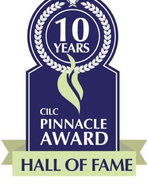 Logo of the Pinnacle Award and the Hall of Fame from the Center for Interactive Learning & Collaboration. The logo resembles a award ribbon in navy blue and light green.