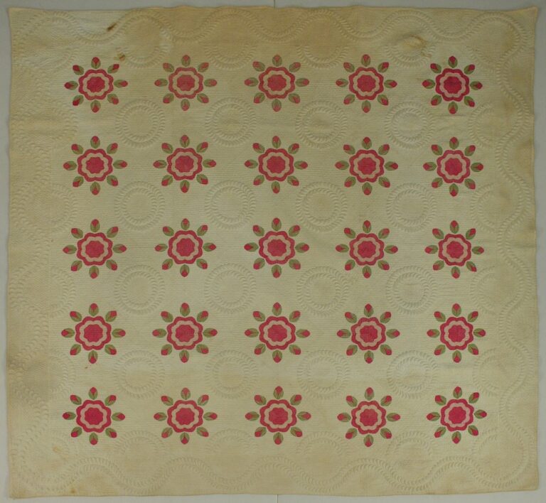 Ohio Rose applique pattern on white quilt