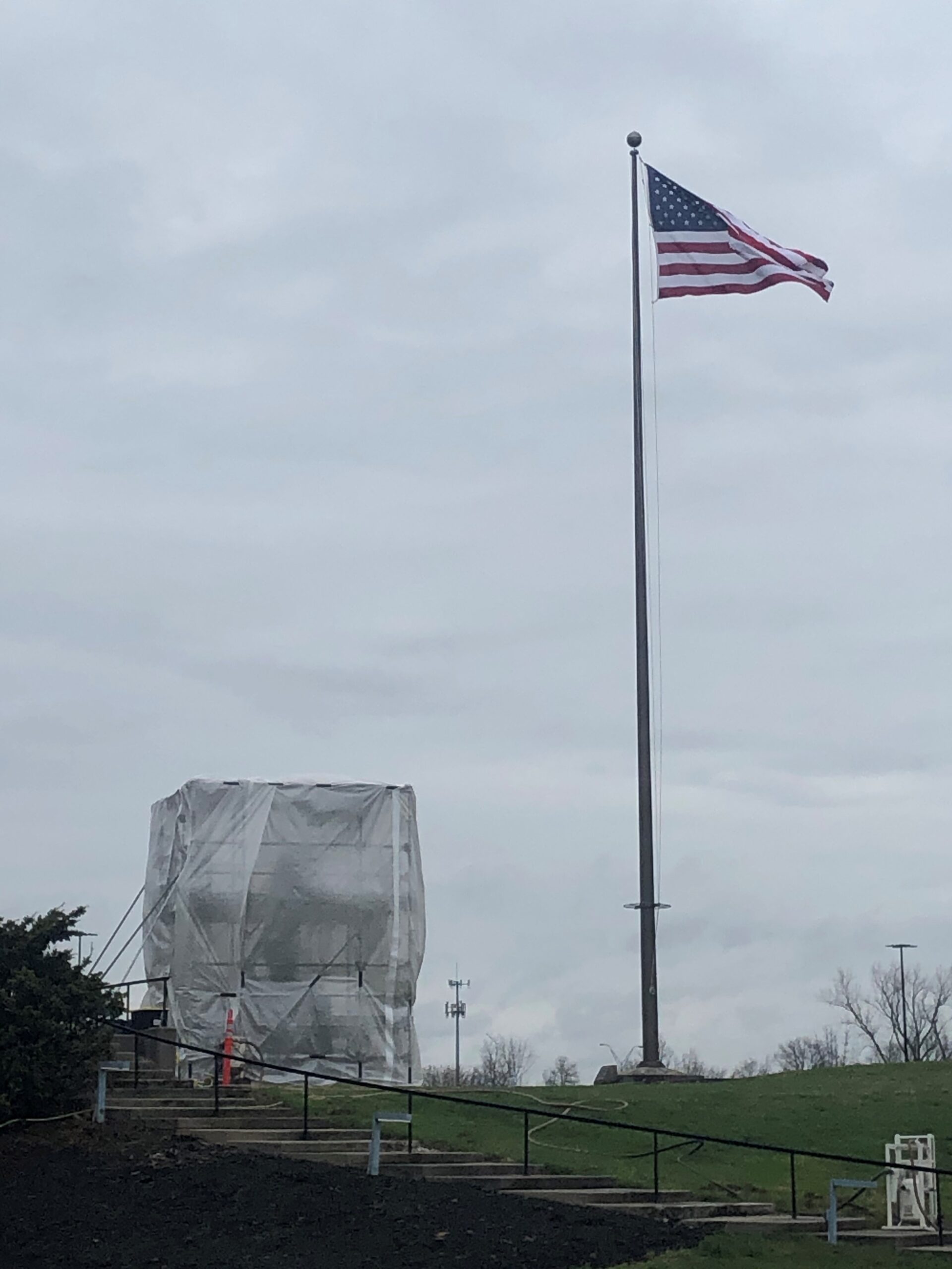 The conservators worked under this containment area. The outline of their scaffolding system surrounding the sculpture is visible.