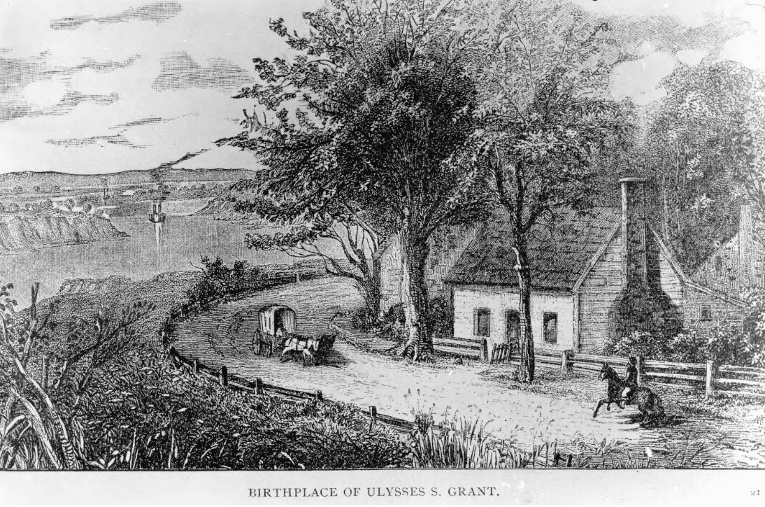 This photographic reproduction of an engraved illustration depicts the small cabin in which Ulysses S. Grant was born.