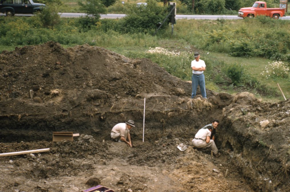 Workers in a large area dug out for a house foundation are looking for mastodon bones.