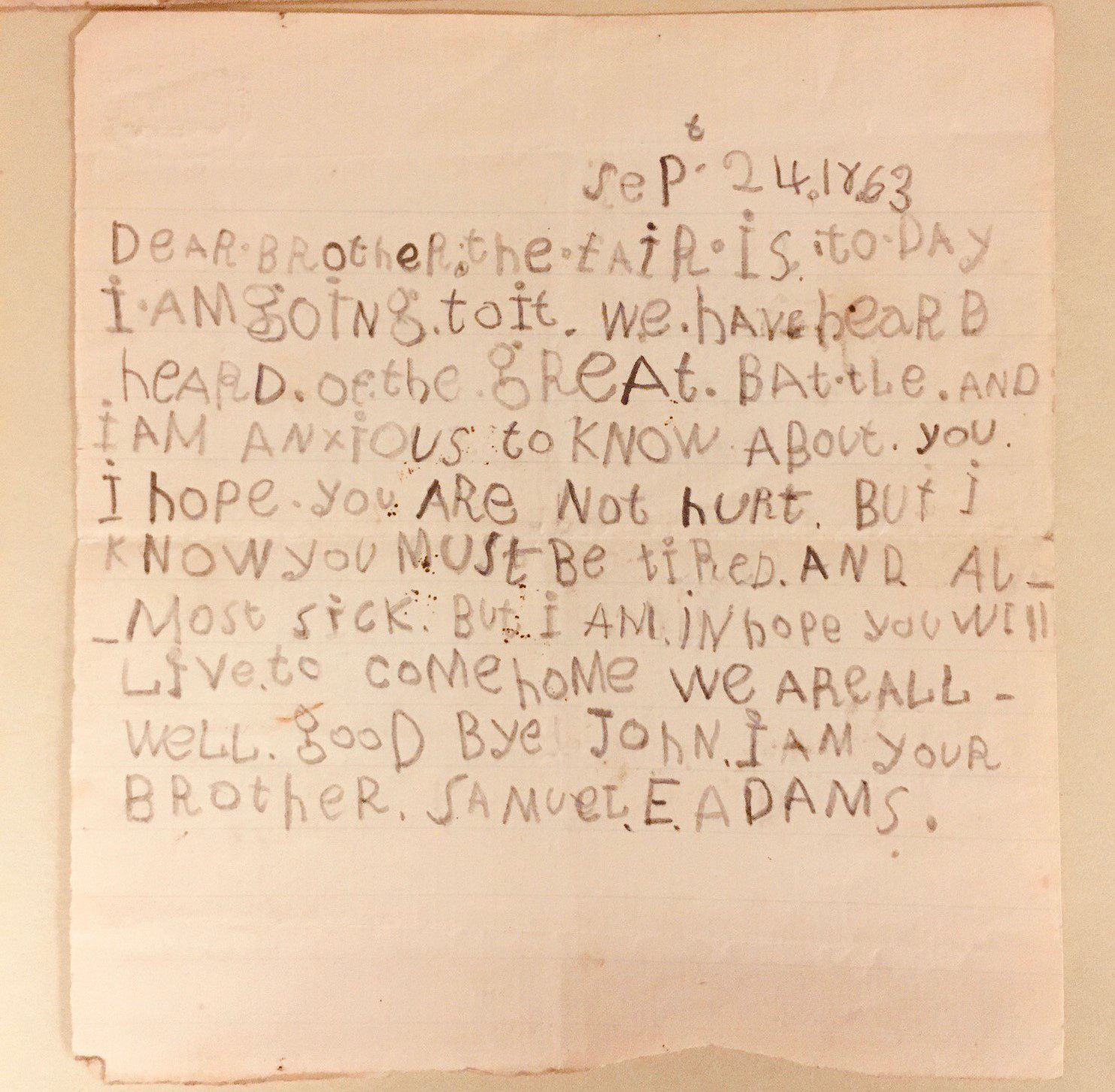 Letter to John Adams from his younger brother, Samuel Adams, 1863