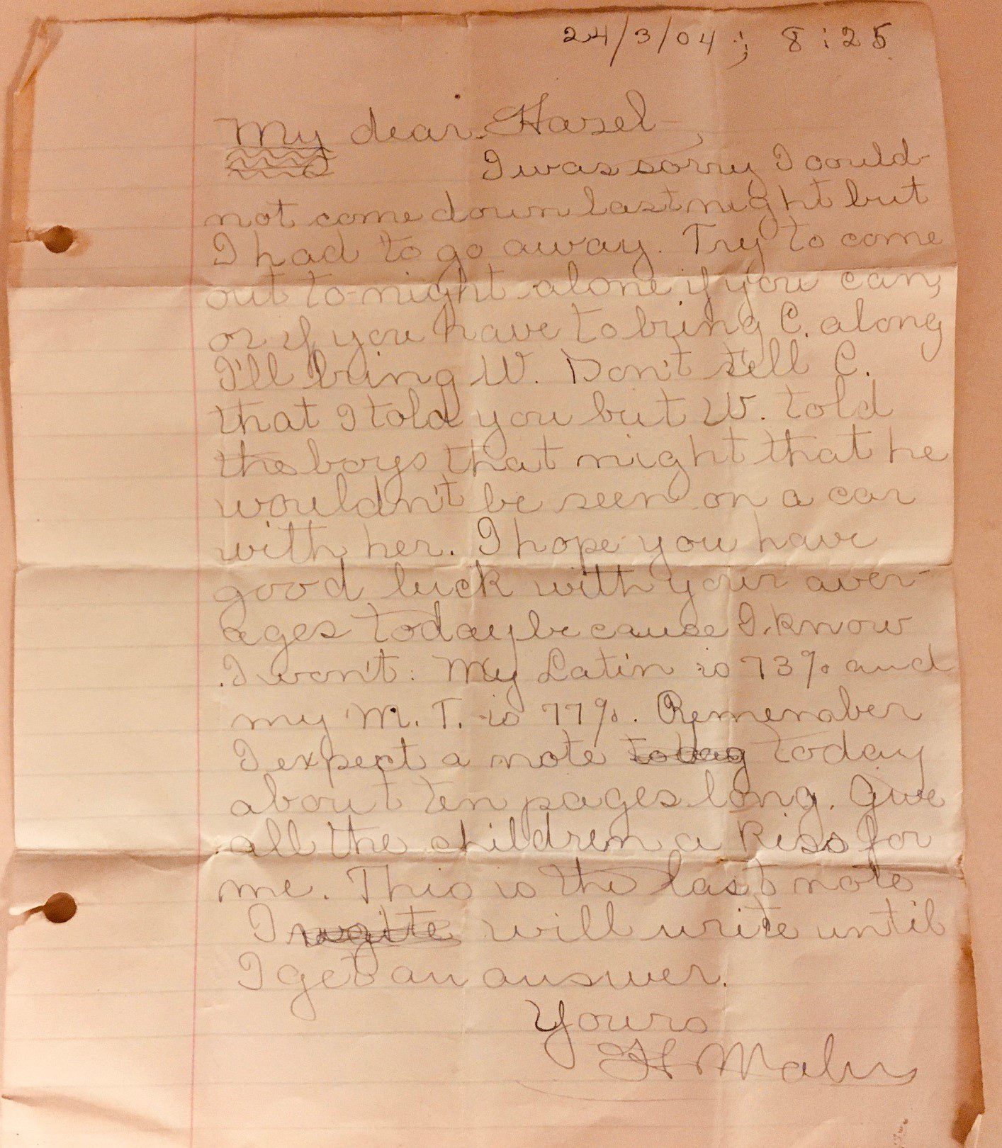Letter written to Hazel Hull from a friend in 1904