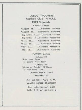 The 1979 schedule for the Toledo Troopers, a National Women's Football League team.