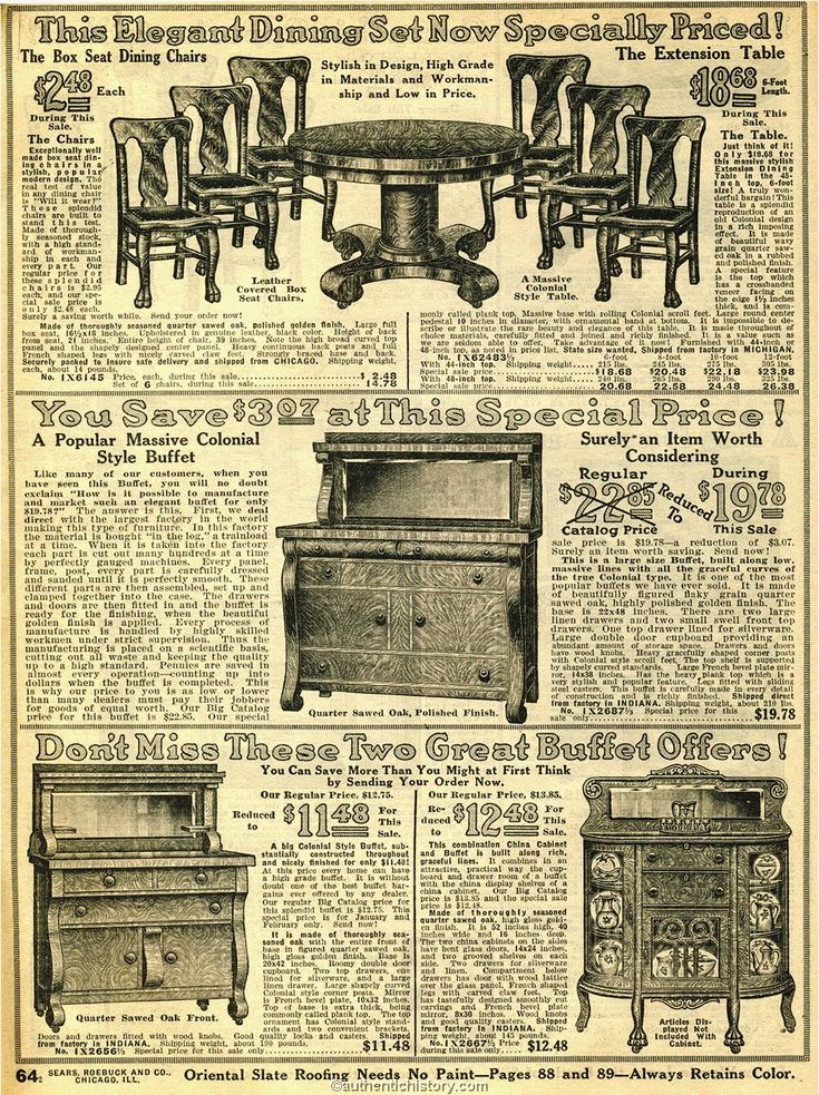 Printed catalog page showing pictures of a table and chairs and two buffets.