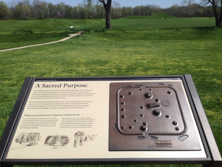 An outside image with a sign that describes the Newark Earthworks.