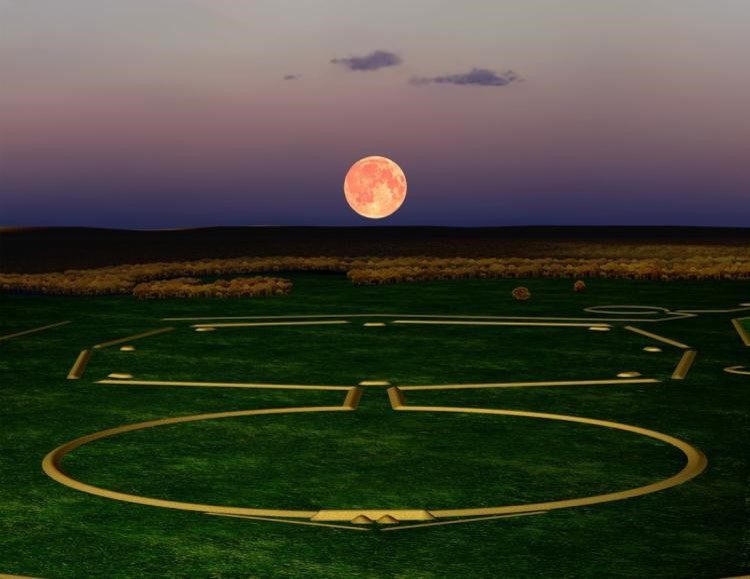 An outdoor image taken as the sky is almost setting with the moon barely touching the horizon. There are two large circular shapes that are connected and seem to be sitting on the grassy area.