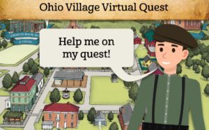 An animated boy wears a brown hat, green button-up shirt, black suspenders and black pants stands in the front a background of a village comprised of many buildings, open spaces and trees. The boy has a speech bubble saying "Help me on my quest!"