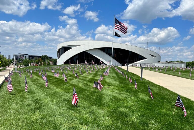 An outdoor image of the exterior side of the National Veterans Memorial and Museum building