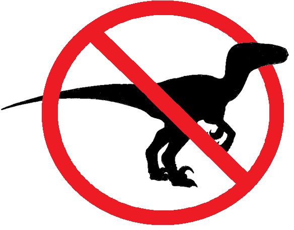 A silhouette of a dinosaur with a red circle and line through it.