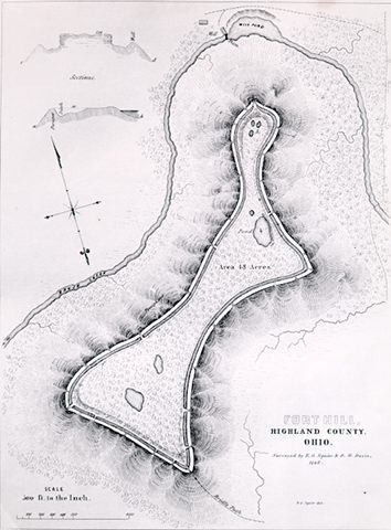 Map of Fort Hill Earthworks drawn by E. Squier and E. Davis in 1848
