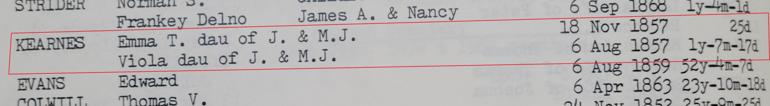 Emma & Viola Kearnes burial record from Clover Cemetery in Franklin County, Ohio Cemeteries, Prairie and Franklin Townships, Volume VIII by the Franklin County Genealogical Society ©1984