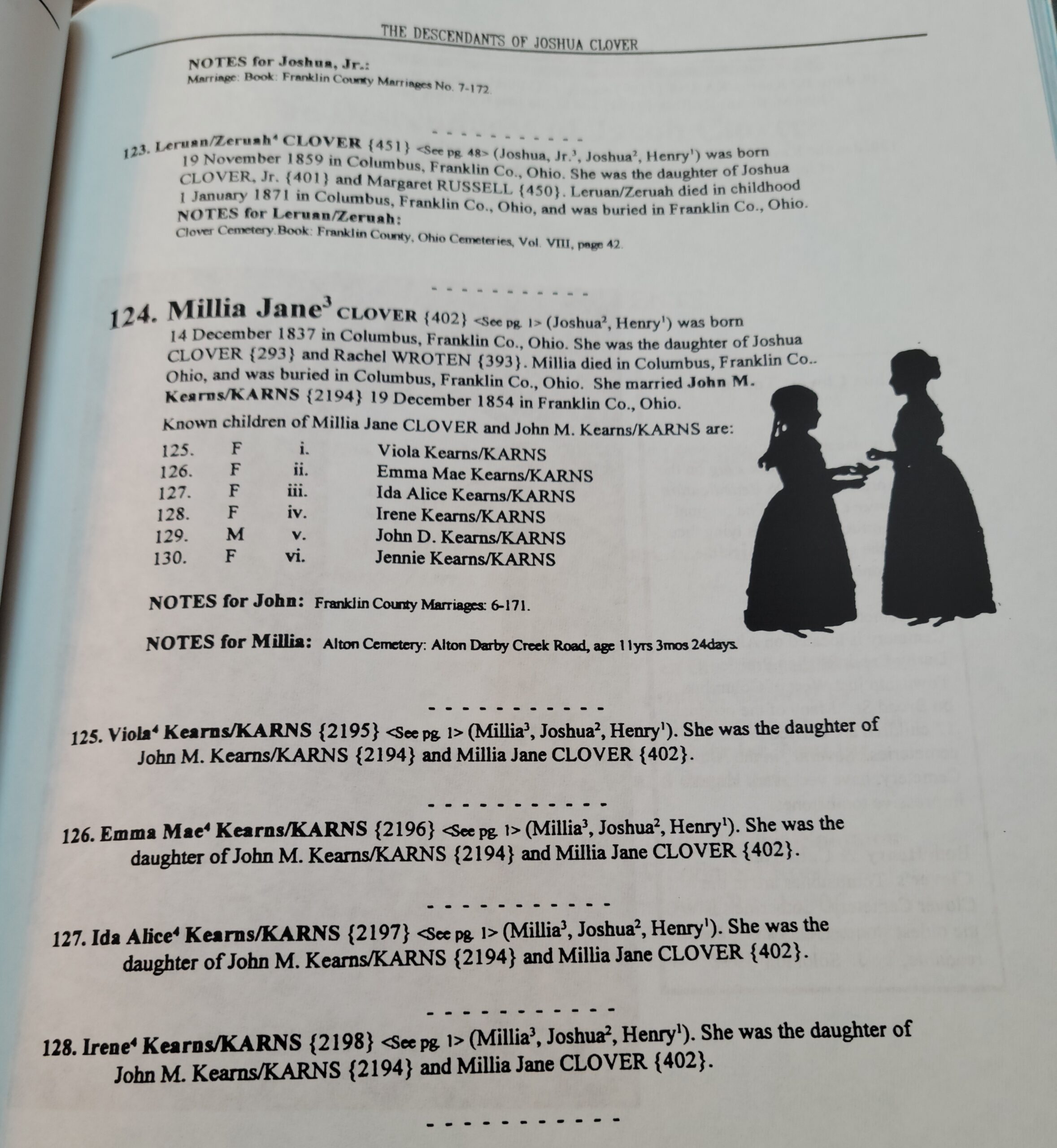 Details on Millia Jane Clover Kearnes and her children in The Clover Family of Franklin County, Ohio, Solomon/Orris Family History, Vol. 3 by Mrs. Judy (Orris) Soloman © 1997