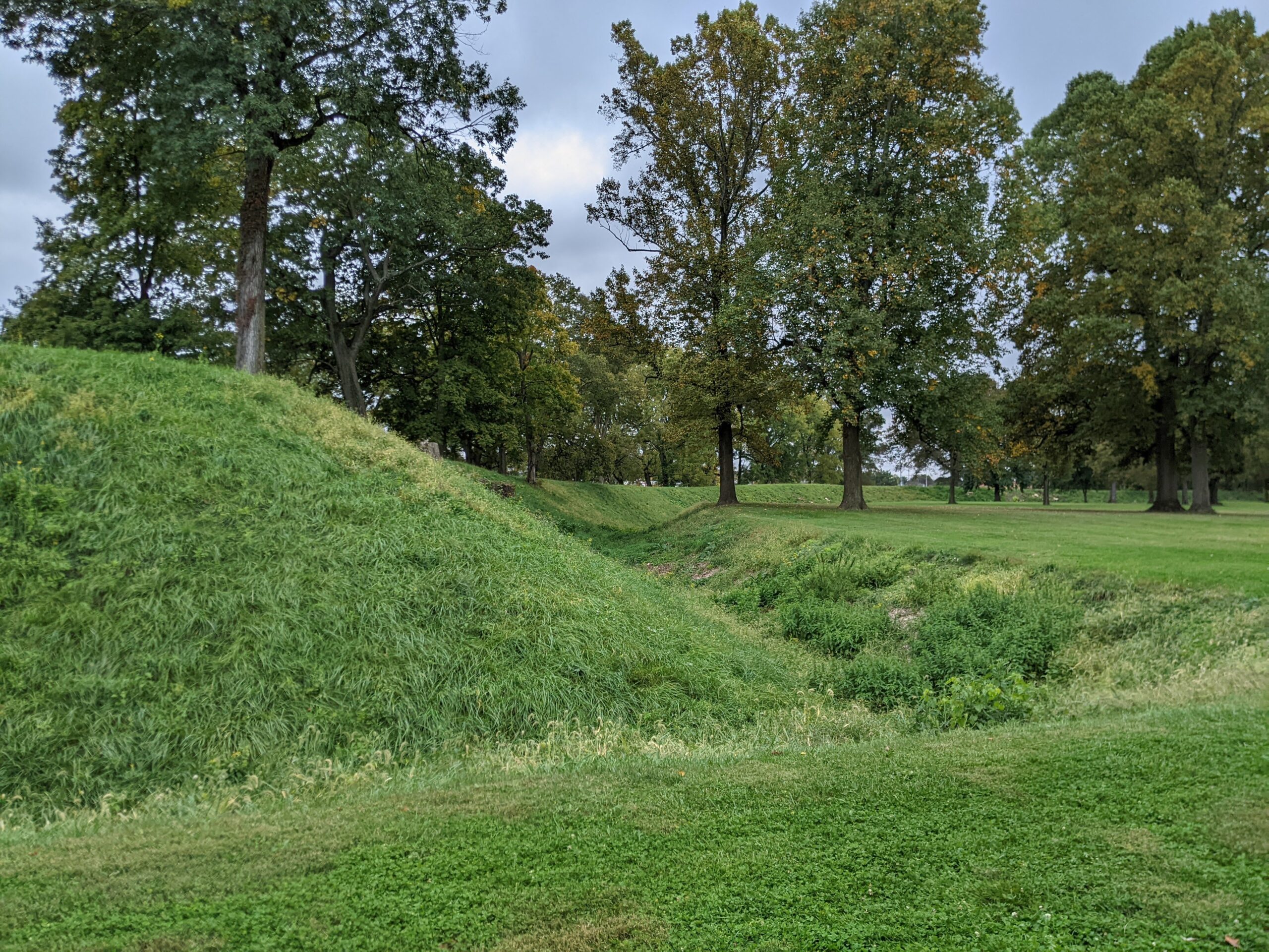 Image of a grass cover mound wall of the Great Circle with some trees in the background