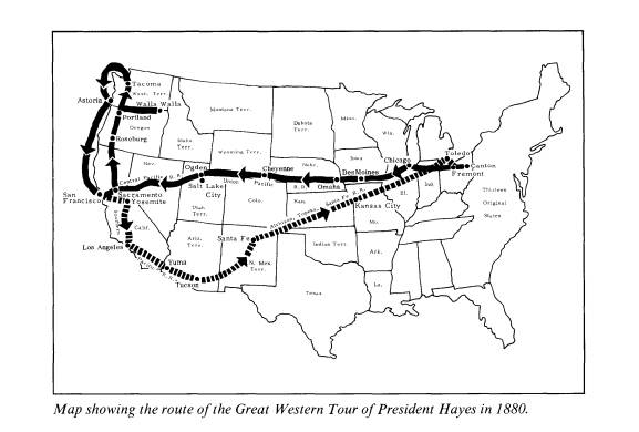 Map of the United States showing the route of President Rutherford B. Hayes' Great Western Tour