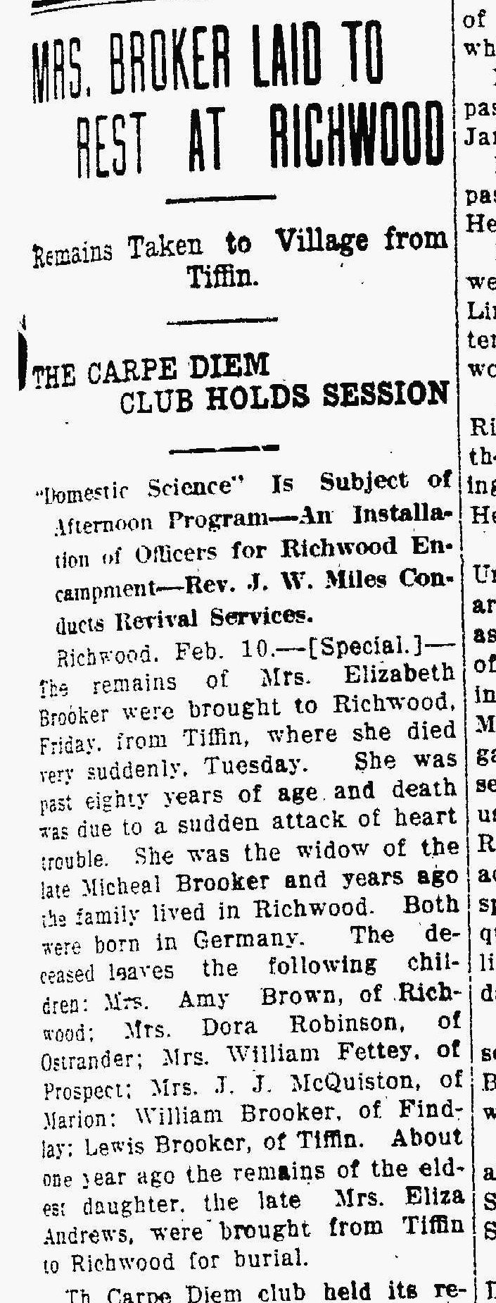 Elizabeth Brucker (Brooker) obituary in the February 11, 1914 issue of The Marion Daily Star