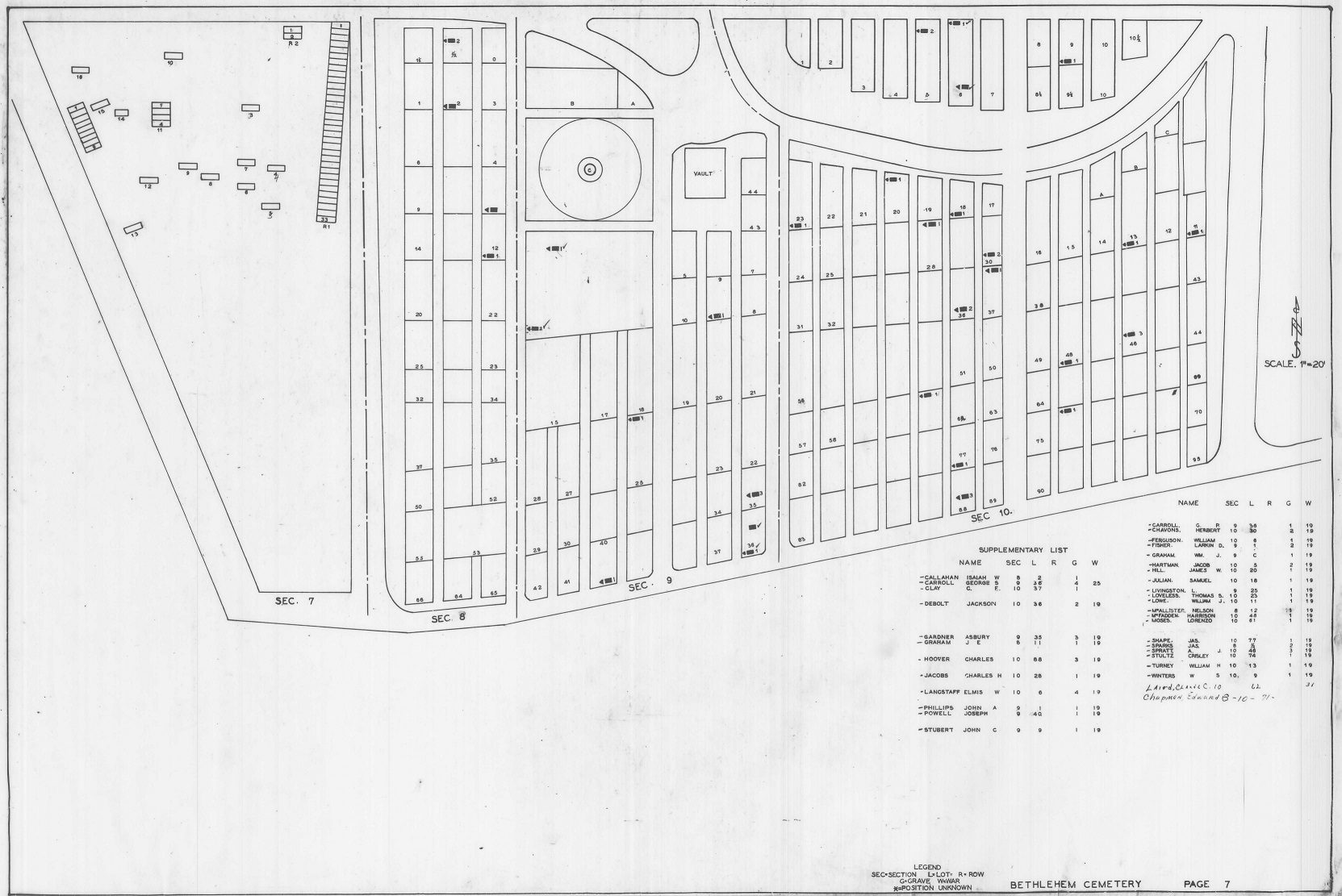 WPA Veteran Grave Registry Map for Sections 7, 8, 9, and 10 of Claibourne Cemetery (aka Bethlehem Cemetery), Claibourne Township, Union County, Ohio. Micheal Brucker’s gravestone was recorded in Section 7 based on a 1989 published inventory of the cemetery.