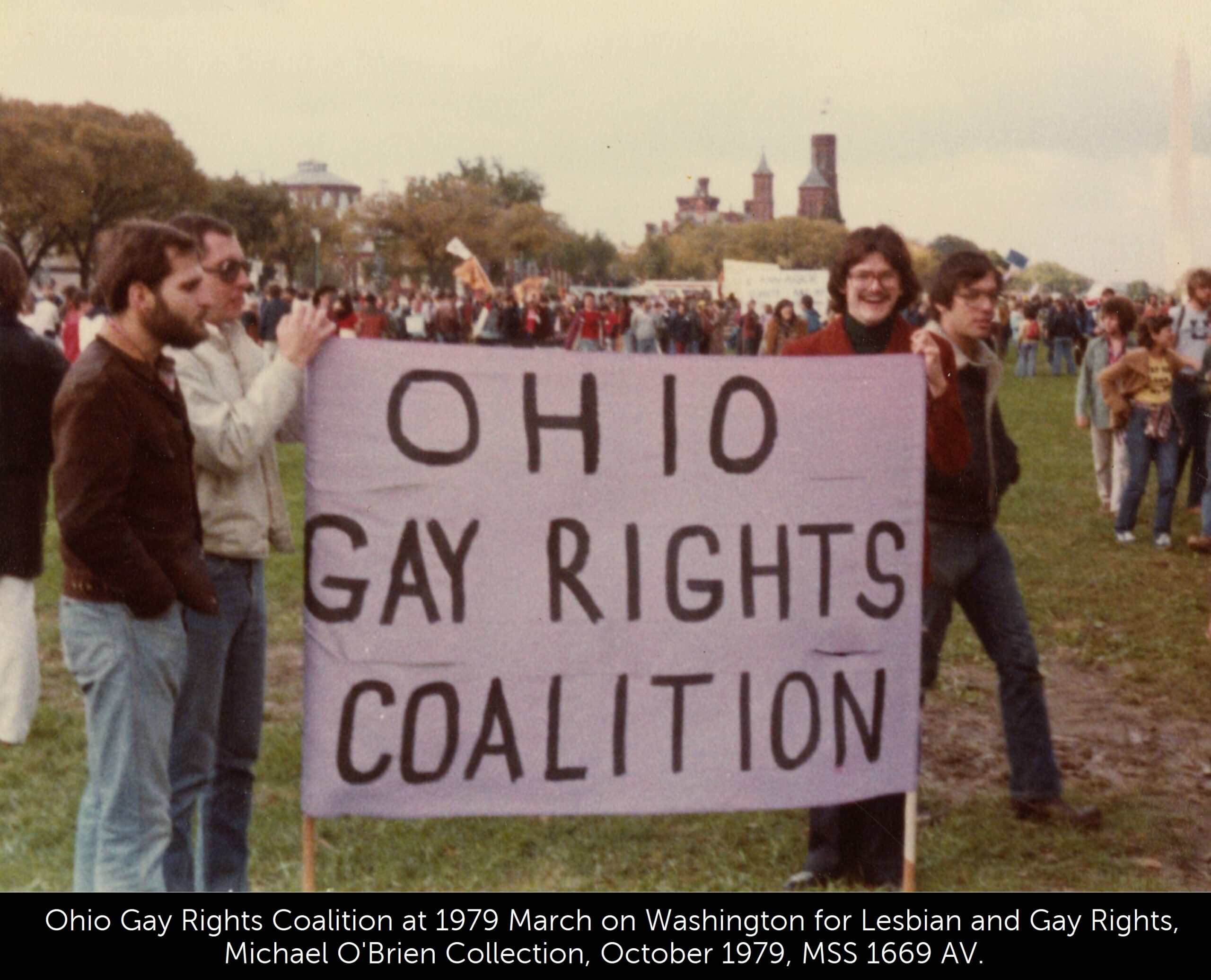 A photo of people holding a banner that says, "Ohio Gay Rights Coalition" on the National Mall in 1979
