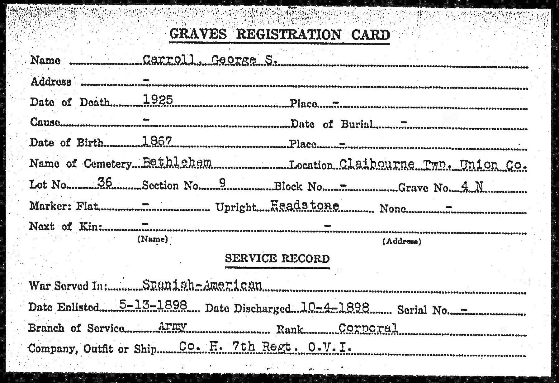 Examples of a WPA Civilian Grave Registry Card and Veteran Graves Registration Card from Claibourne/Bethlehem Cemetery. If Micheal Brucker was recorded by the WPA, we could not find his card in the collection.