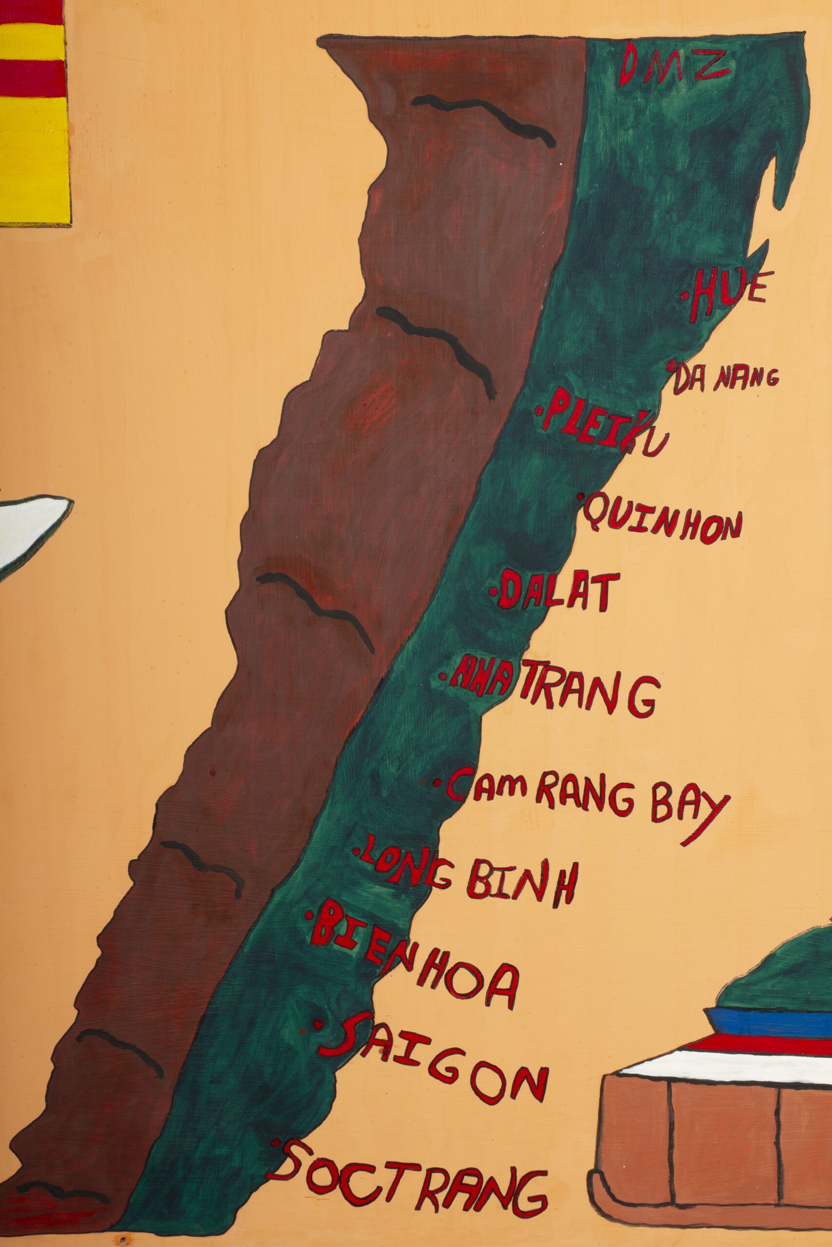 Detail of painting by Harry Edwards on plywood showing a map of Vietnam