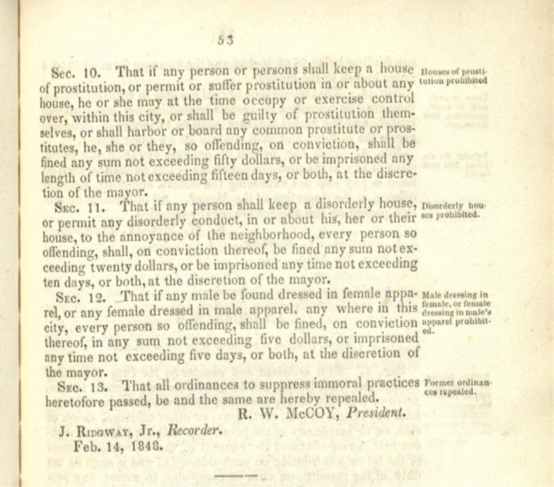 An image of the original text from the Ordinance of the City of Columbus, Section 12, from 1848, which restricts crossdressings