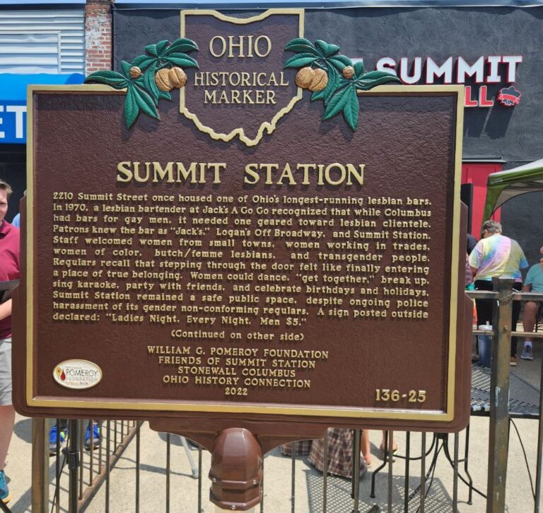 A photo of the Summit Station Ohio Historical Marker, which was erected in 2023 in Columbus