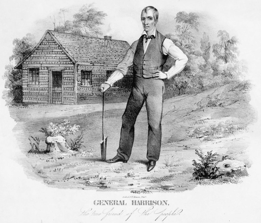 An 1840 campaign poster featuring William Henry Harrison in front of a log cabin.
