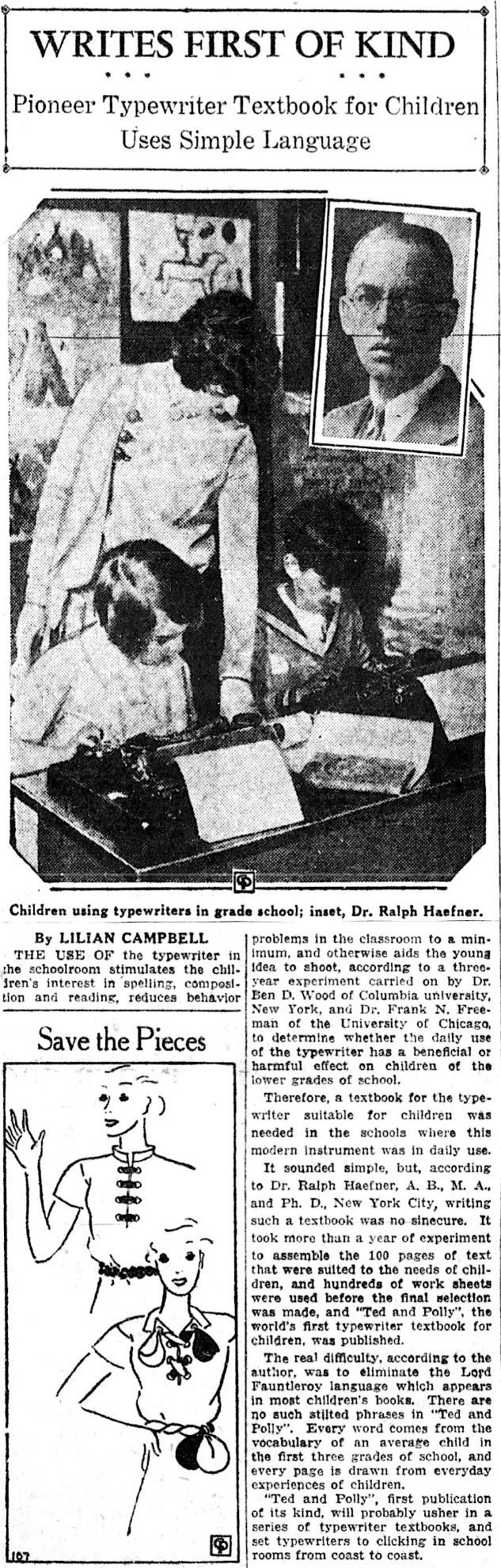 A newspaper article with an image of two children, one boy and one girl, using typewriters. A teacher leans in from behind to point out something on a piece of paper. The corresponding article title is above the image and the article body below it. The article is called "Writers First of Kind: Pioneer Typewriter Textbook for Children Uses Simple Language."