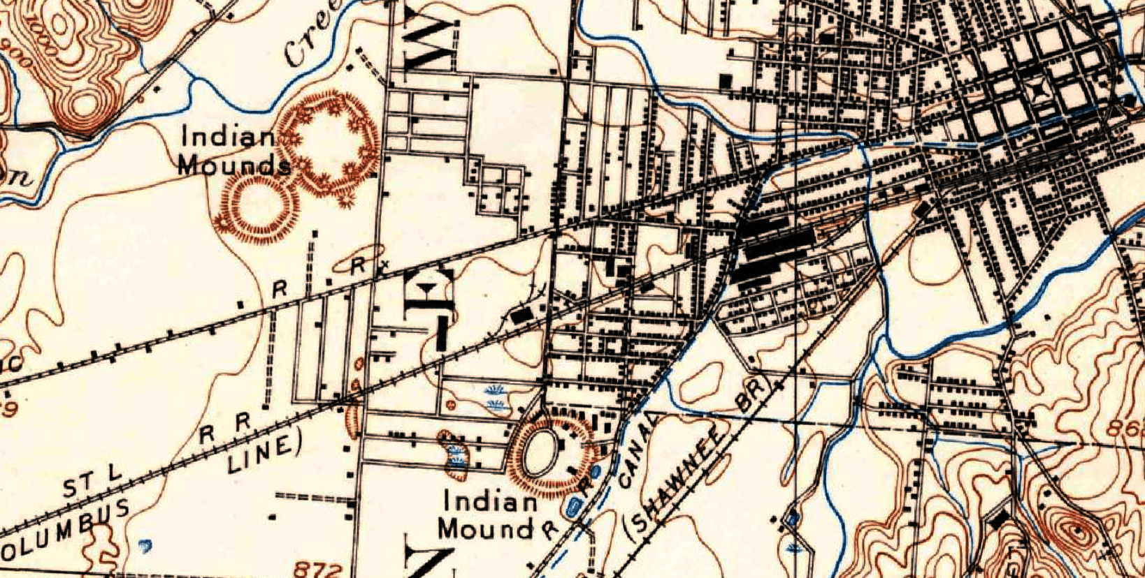 A 1909 USGS topographic map of the Octagon Earthworks and surrounding residential area.