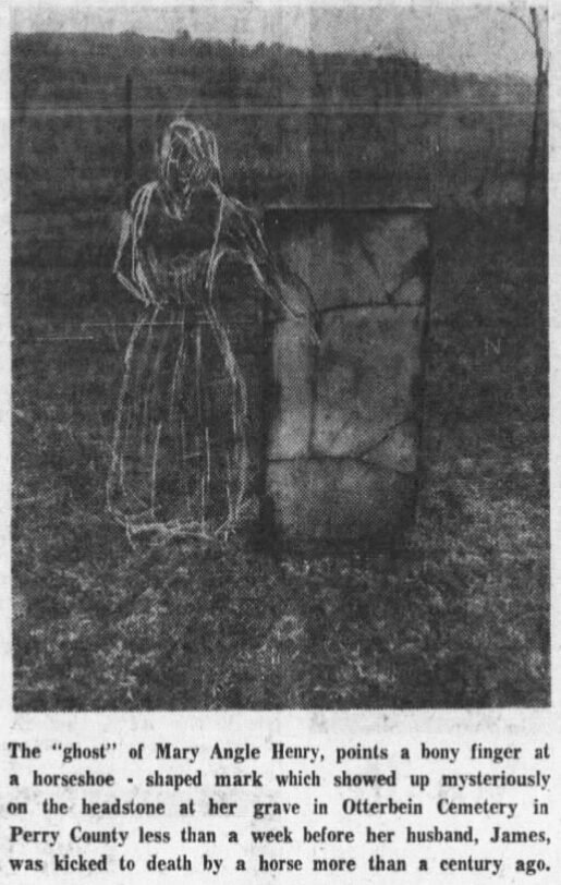 A portion of the 1960s Times Recorder newspaper article showing the horseshoe grave mark upon Mary Angle's gravestone.