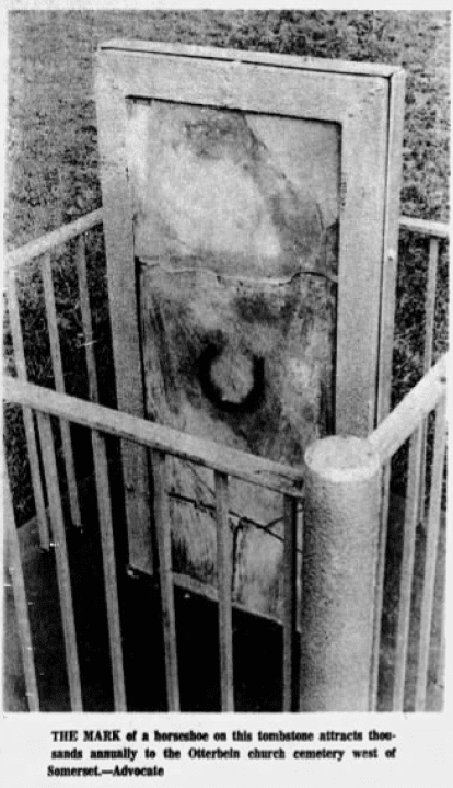 A portion of the 1971 Newark Advocate newspaper article showing the horseshoe grave mark upon Mary Angle's gravestone.