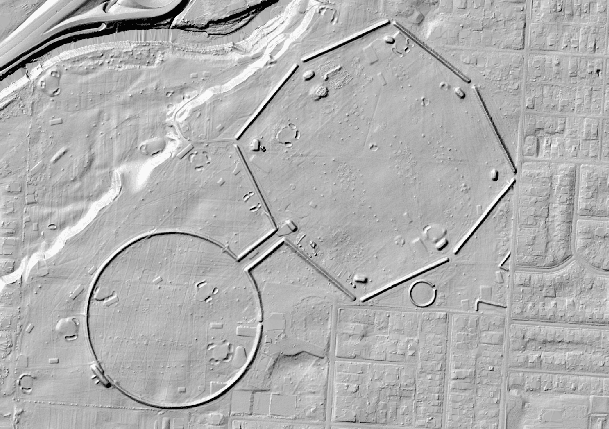 A 2020 digital elevation model (DEM) displayed as shaded relief showing a clear view of the ground surface of the Octagon Earthwork
