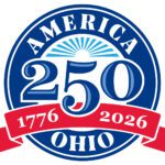 Logo for America 250-Ohio with blue background, the number 250, the words America and Ohio and a red ribbon with the numbers 1776 and 2026