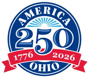 Logo for America 250-Ohio with blue background, the number 250, the words America and Ohio and a red ribbon with the numbers 1776 and 2026